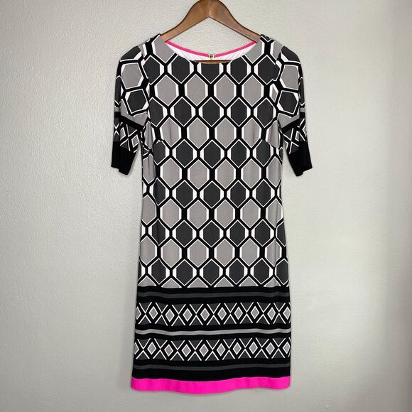 Eliza J Dress Women's 2 Gray Pink Shift Geometric 1/2 Sleeve Art Deco 60's Mod - Picture 1 of 14
